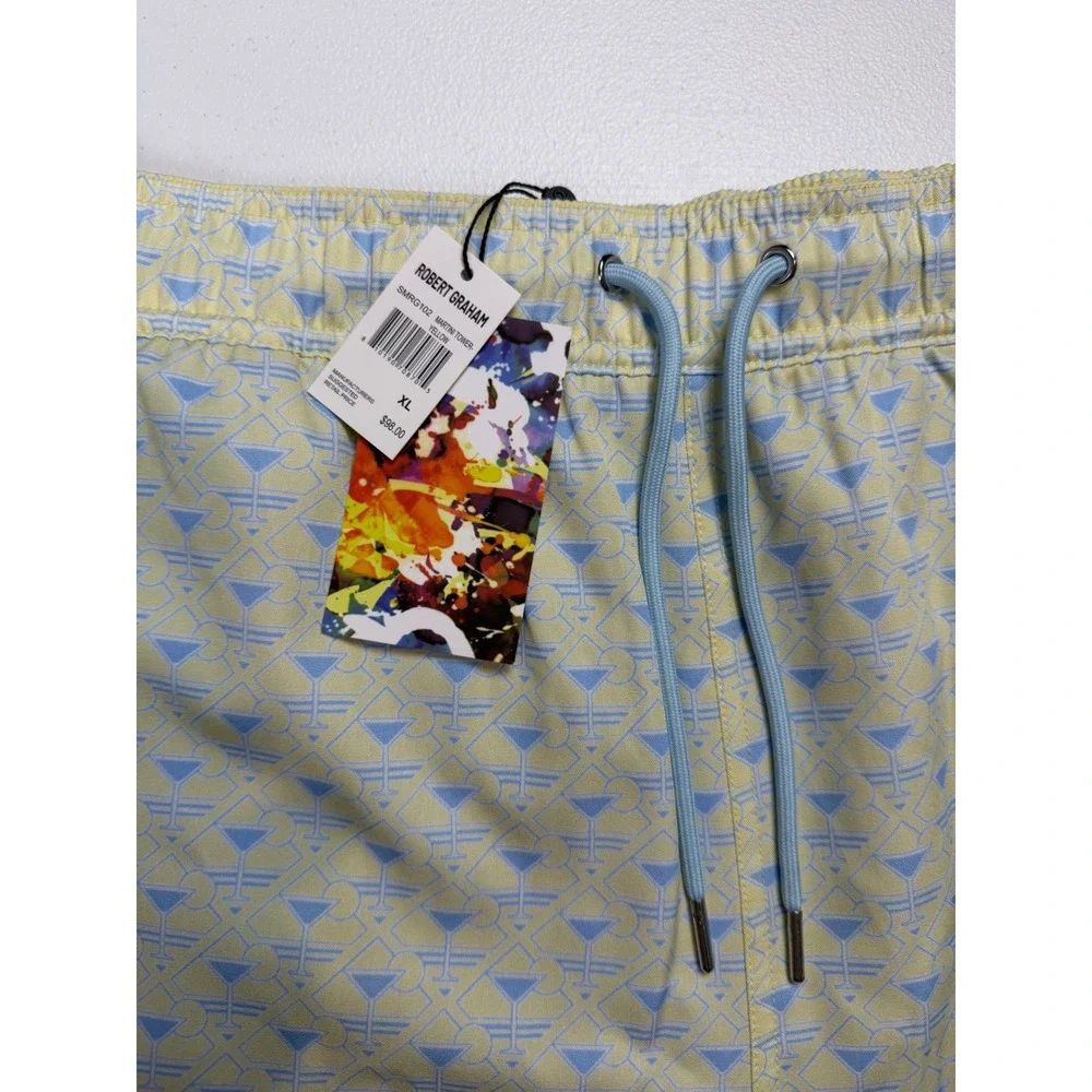 New Robert Graham Mens Martini Tower Swim Trunks Yellow Blue Martini Glass XL